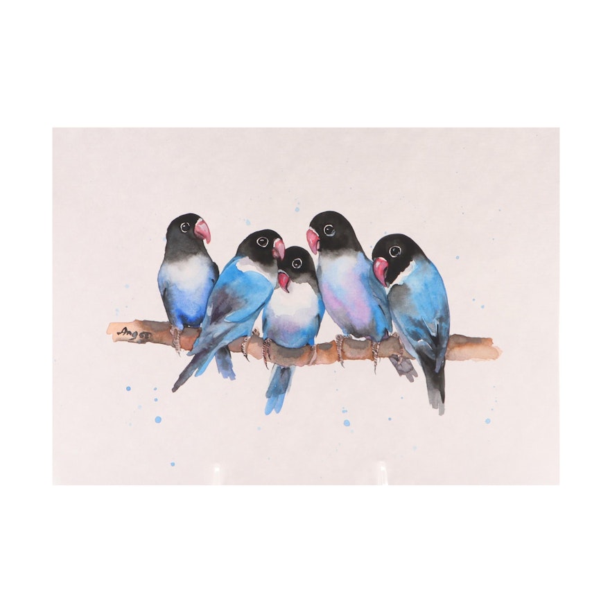 Anne Gorywine Watercolor Painting of Birds on a Branch, 2019