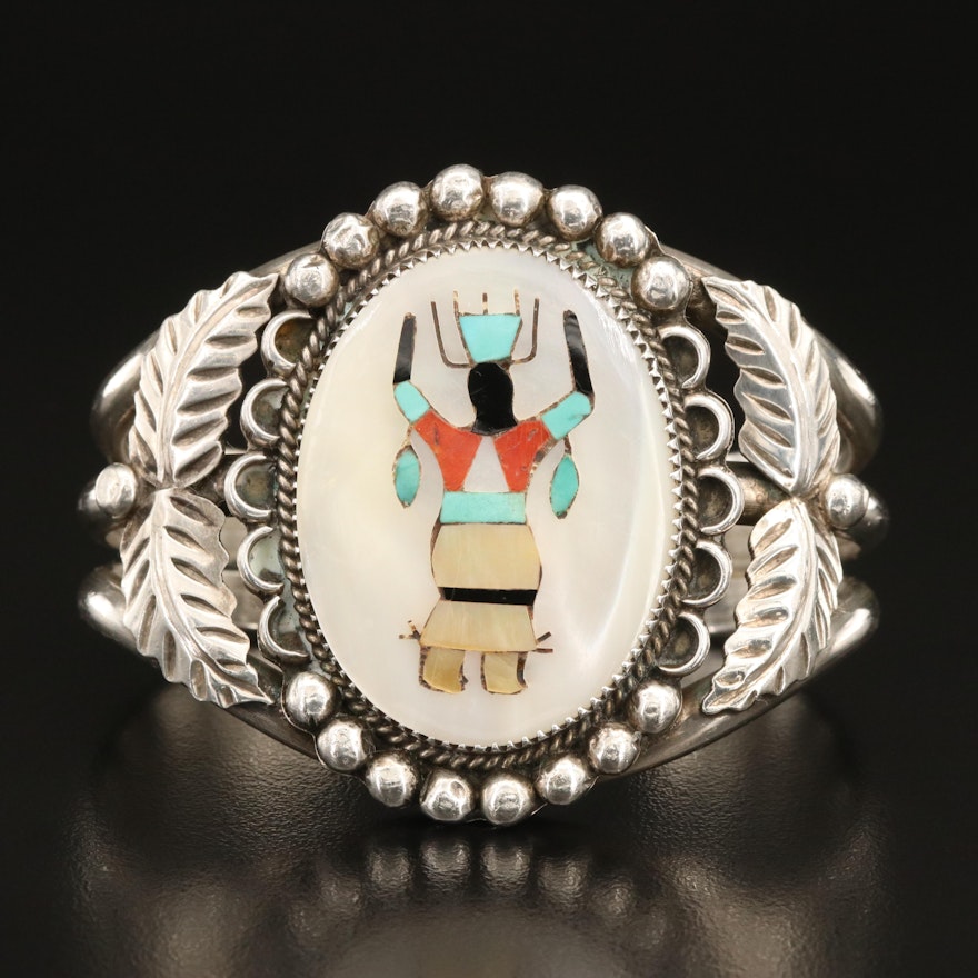 Sterling Western Style Inlay Cuff with Motherof Pearl, Turquoise and Coral