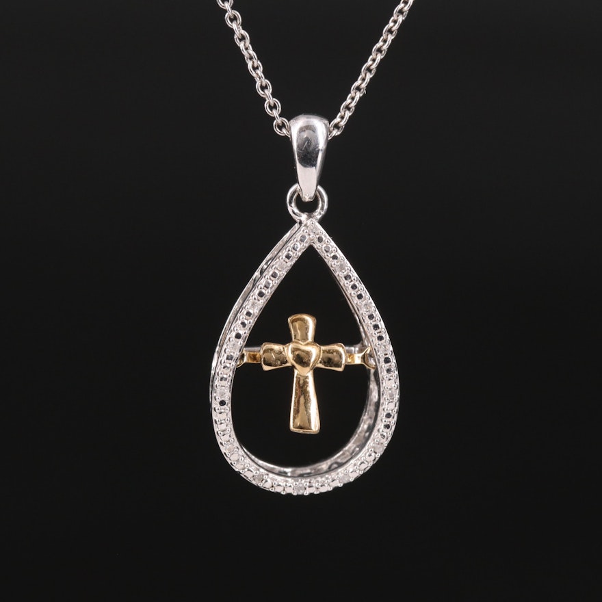 Sterling Diamond "En Tremblant" Cross Pendant Necklace