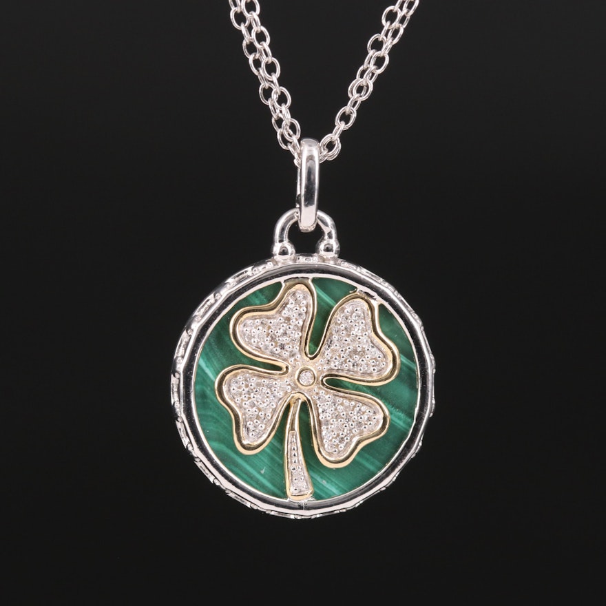 Sterling Malachite and Diamond Clover Pendant Necklace with 14K Gold Accents