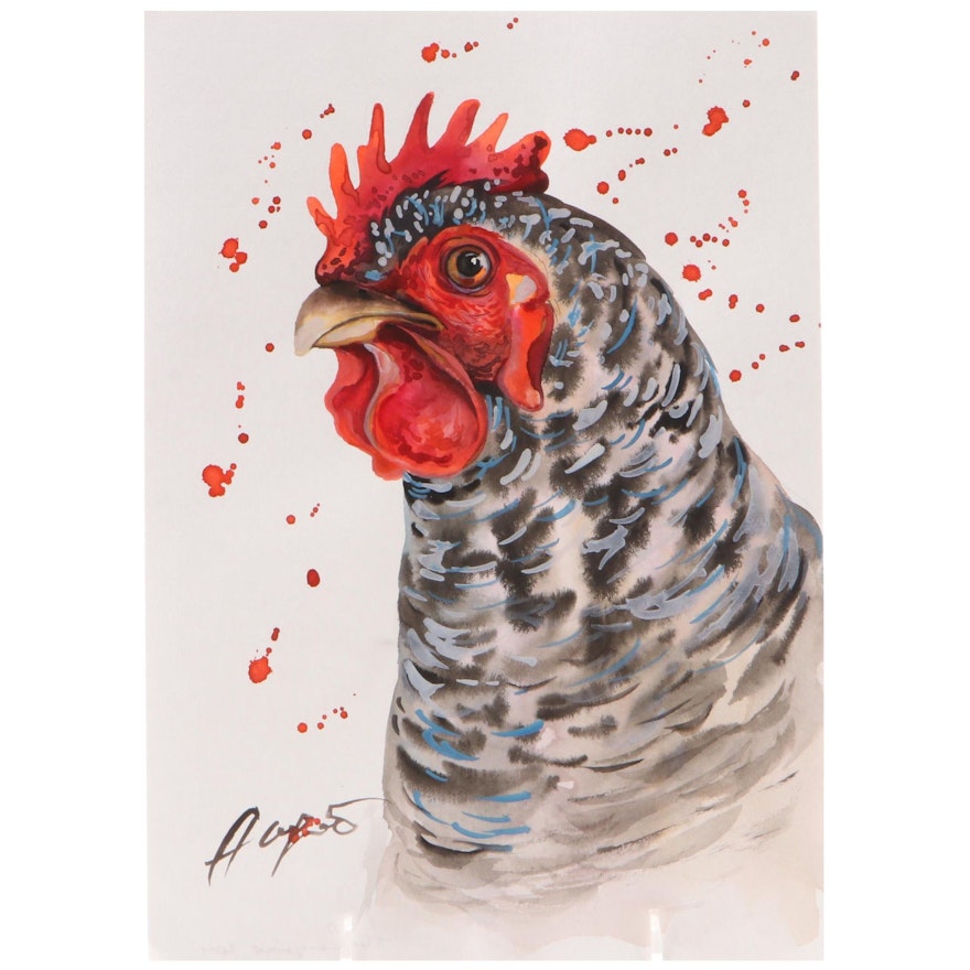 Anne Gorywine Watercolor Painting of Rooster,  2019