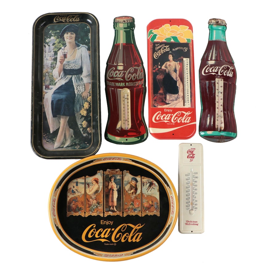 Coca-Cola Tin Lithograph Thermometers and Bar Trays, Mid to Late 20th Century