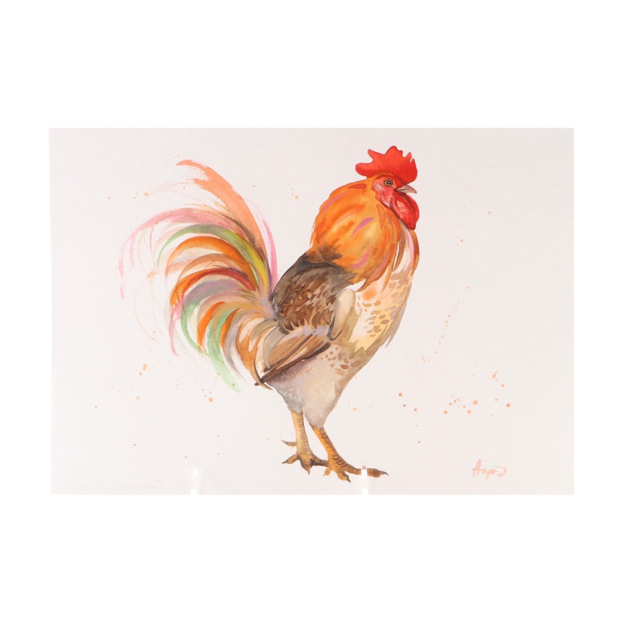 Anne Gorywine Watercolor Painting of Rooster, 2020