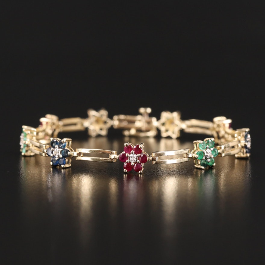 14K Emerald, Sapphire, Ruby and Diamond Floral Bracelet