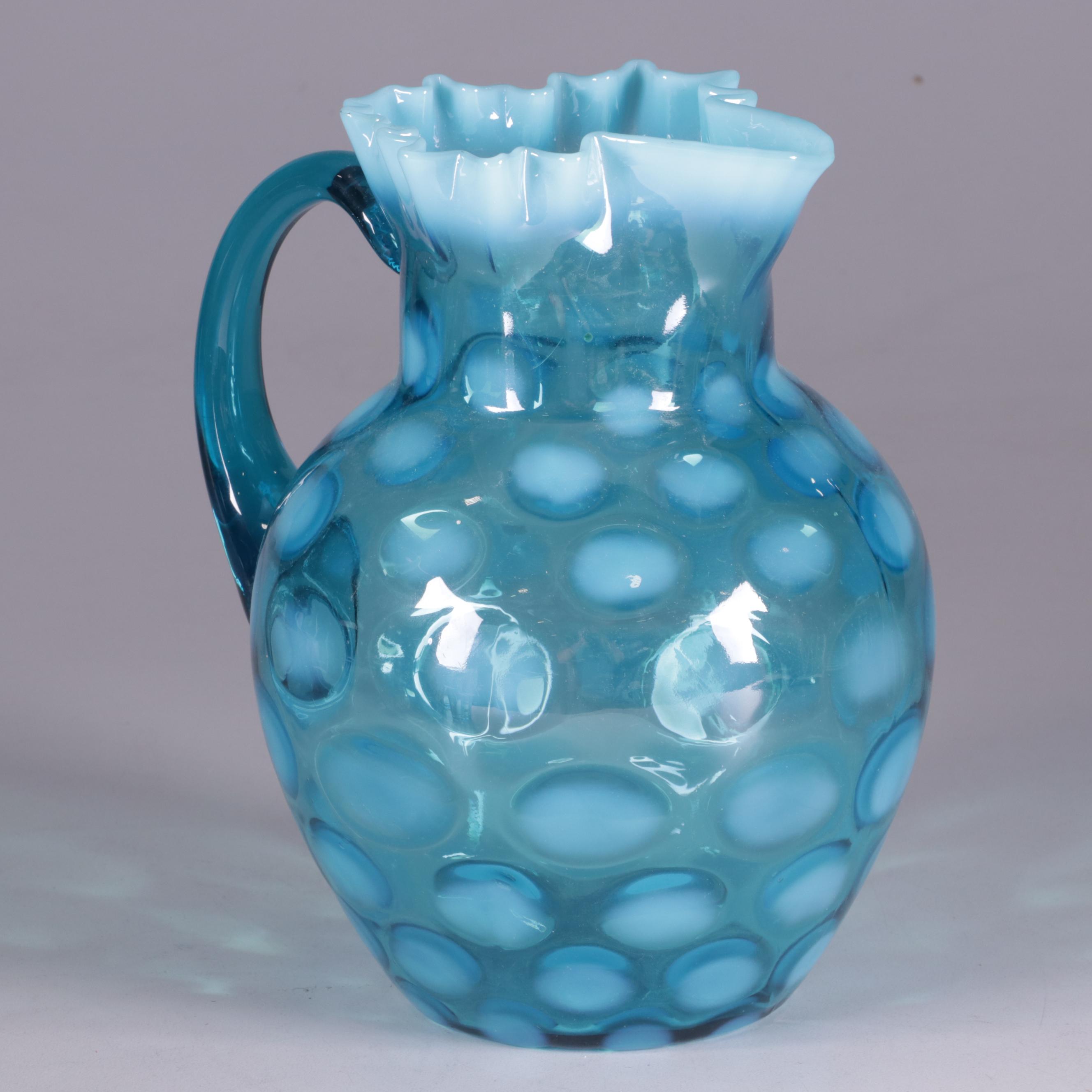 Fenton Blue Opalescent Coin Dot Glass Pitcher and Hand-Painted Cups