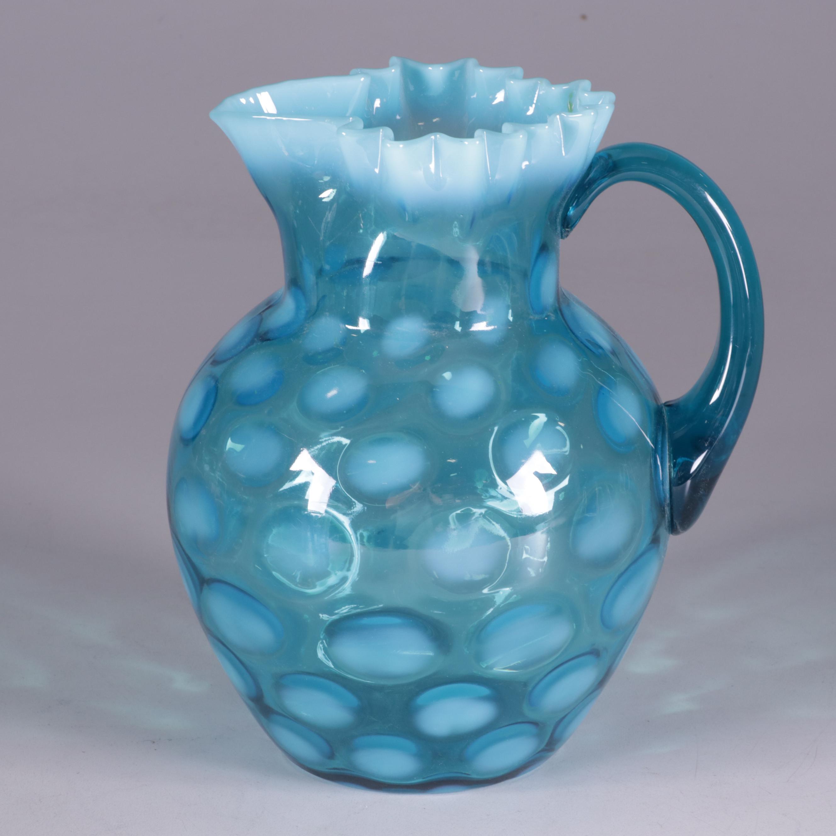 Fenton Blue Opalescent Coin Dot Glass Pitcher and Hand-Painted Cups