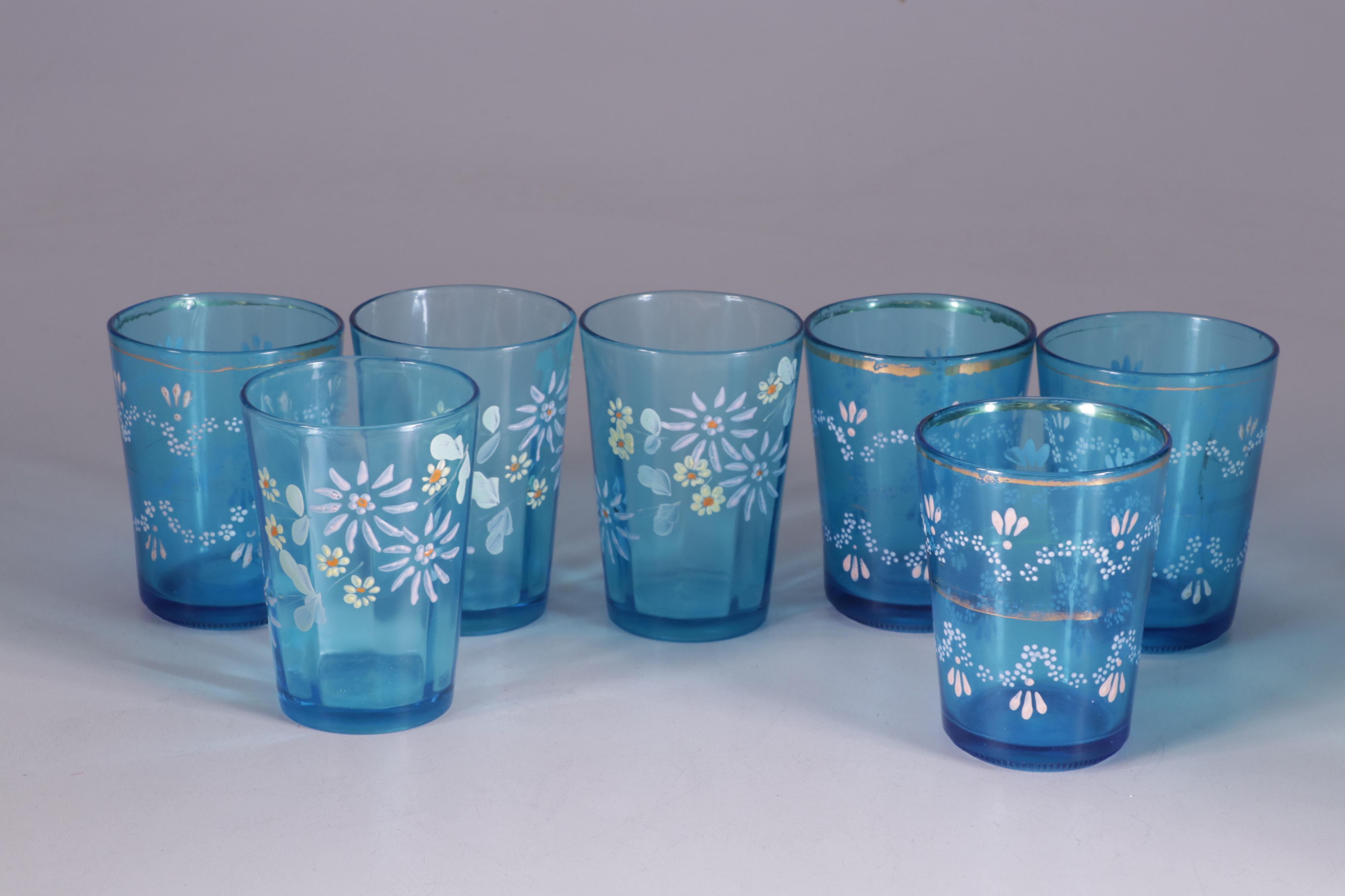 Fenton Blue Opalescent Coin Dot Glass Pitcher and Hand-Painted Cups