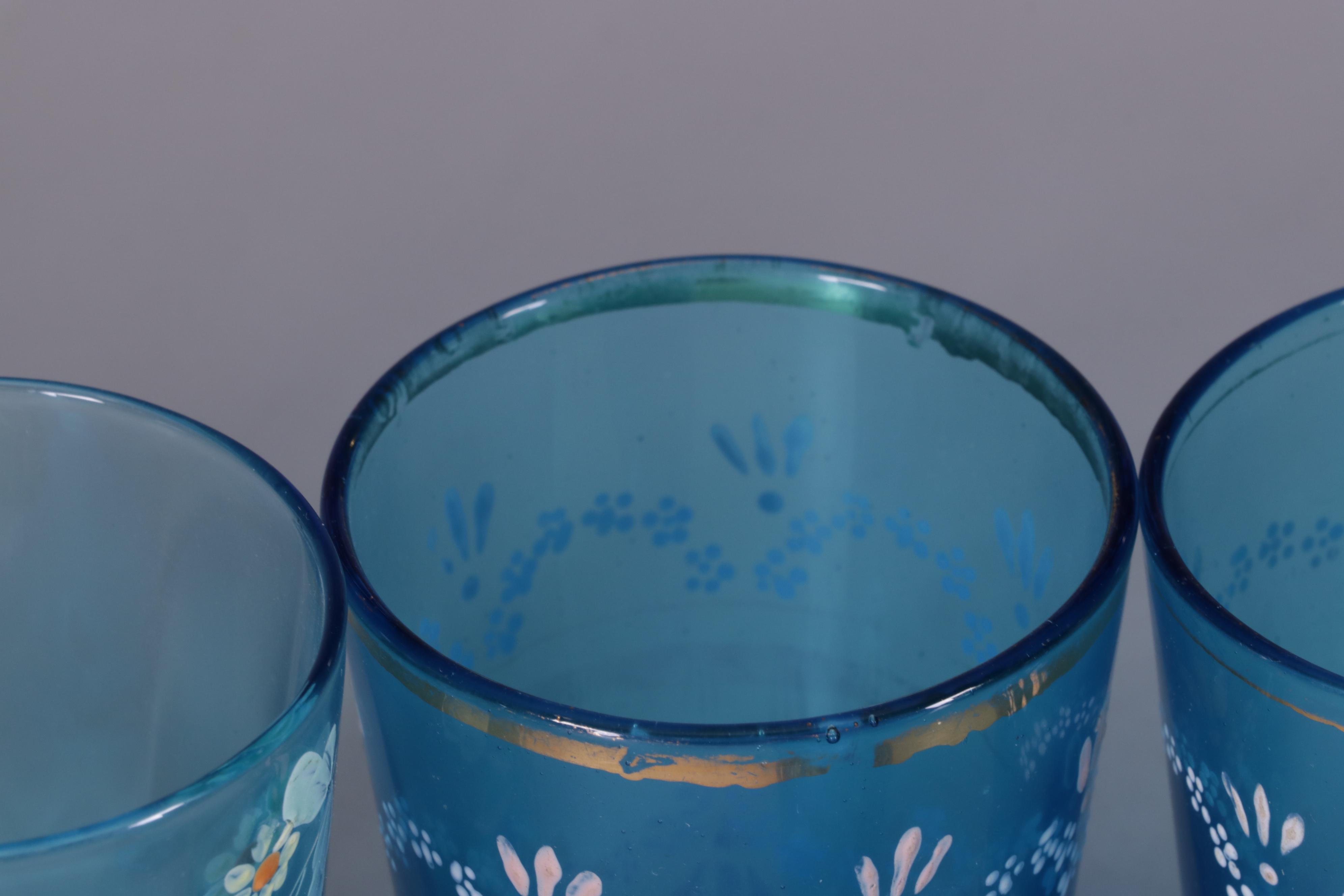 Fenton Blue Opalescent Coin Dot Glass Pitcher and Hand-Painted Cups