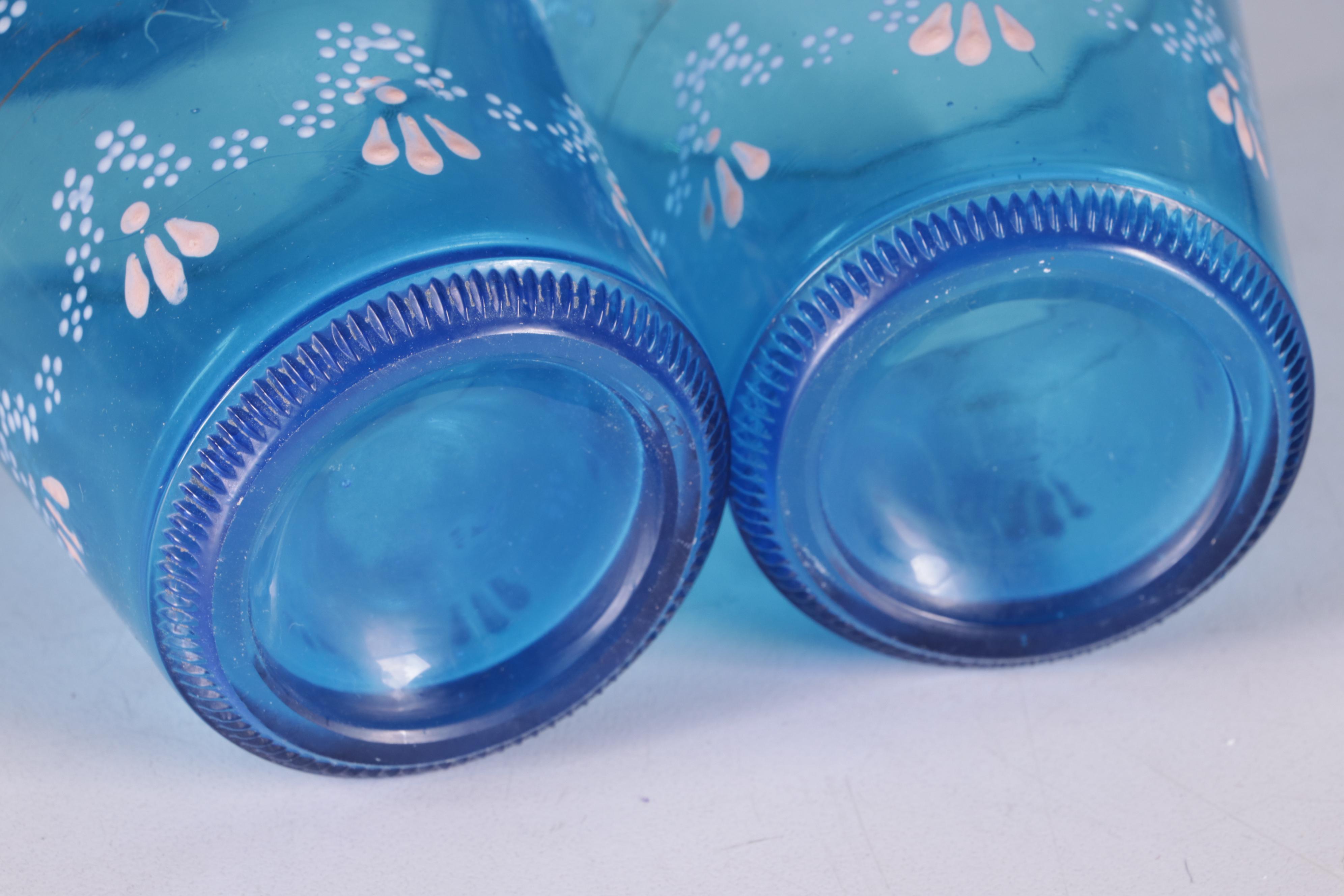 Fenton Blue Opalescent Coin Dot Glass Pitcher and Hand-Painted Cups