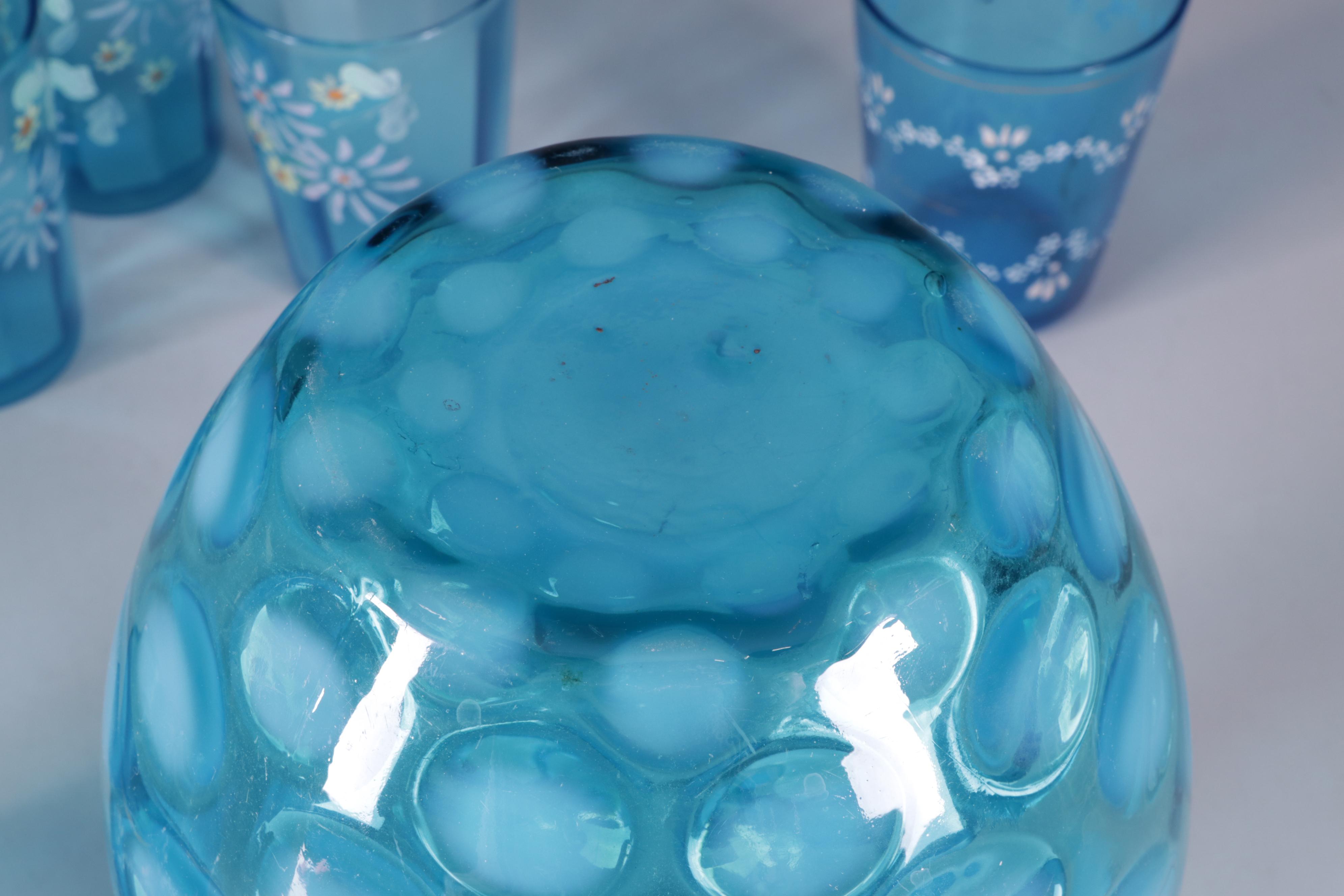 Fenton Blue Opalescent Coin Dot Glass Pitcher and Hand-Painted Cups
