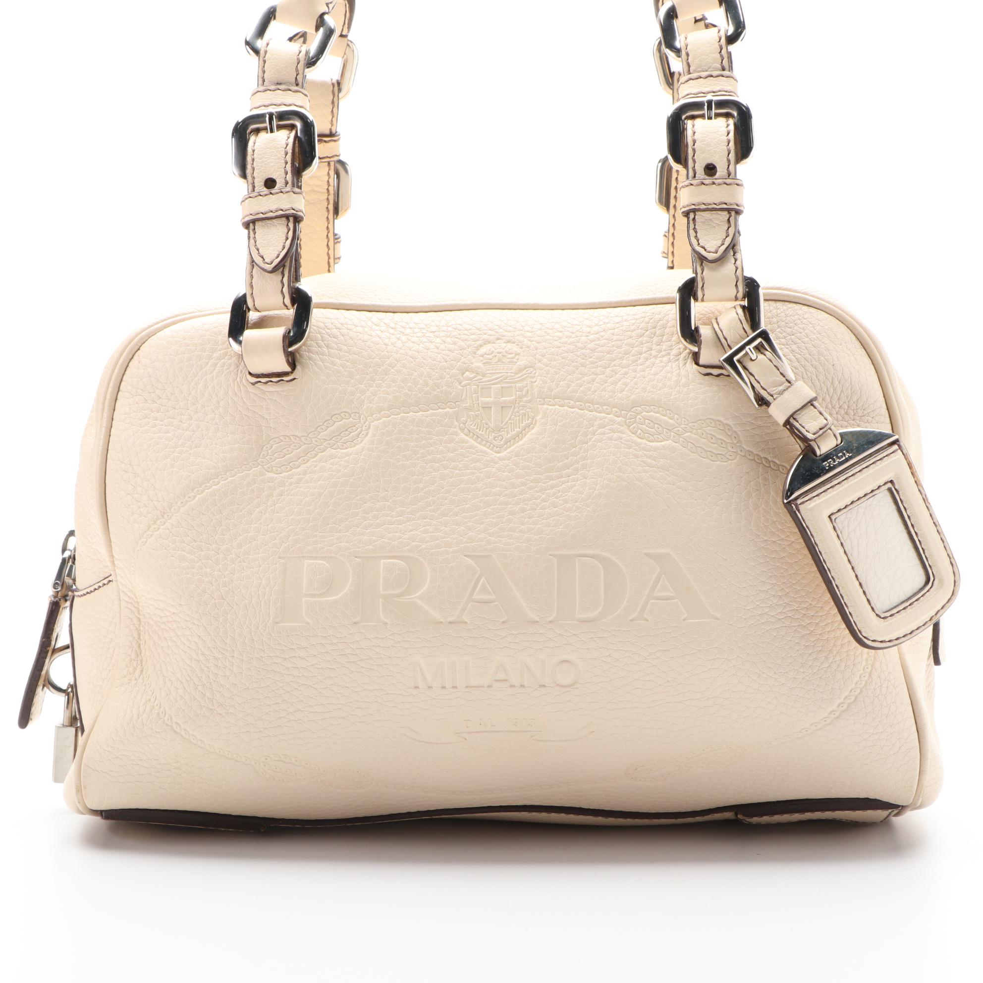 Prada Logo Embossed Vitello Daino Leather Shoulder Bag