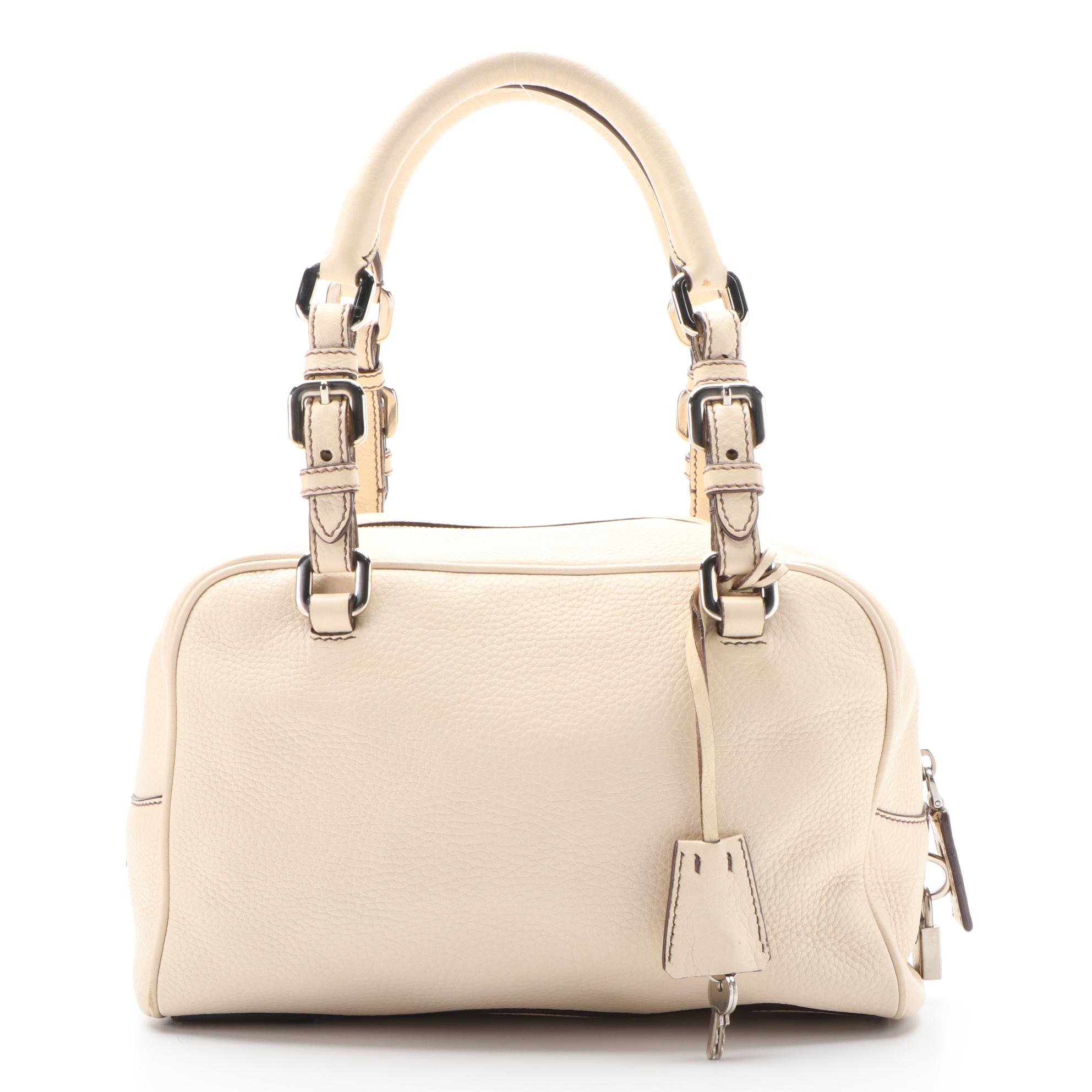 Prada Logo Embossed Vitello Daino Leather Shoulder Bag