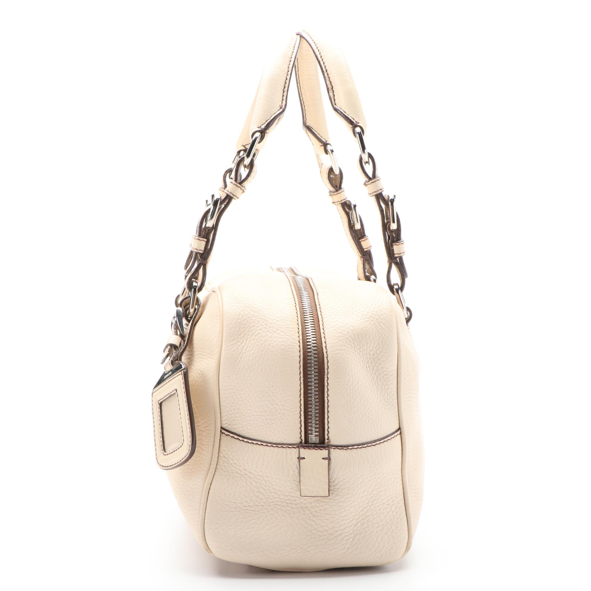 Prada Logo Embossed Vitello Daino Leather Shoulder Bag