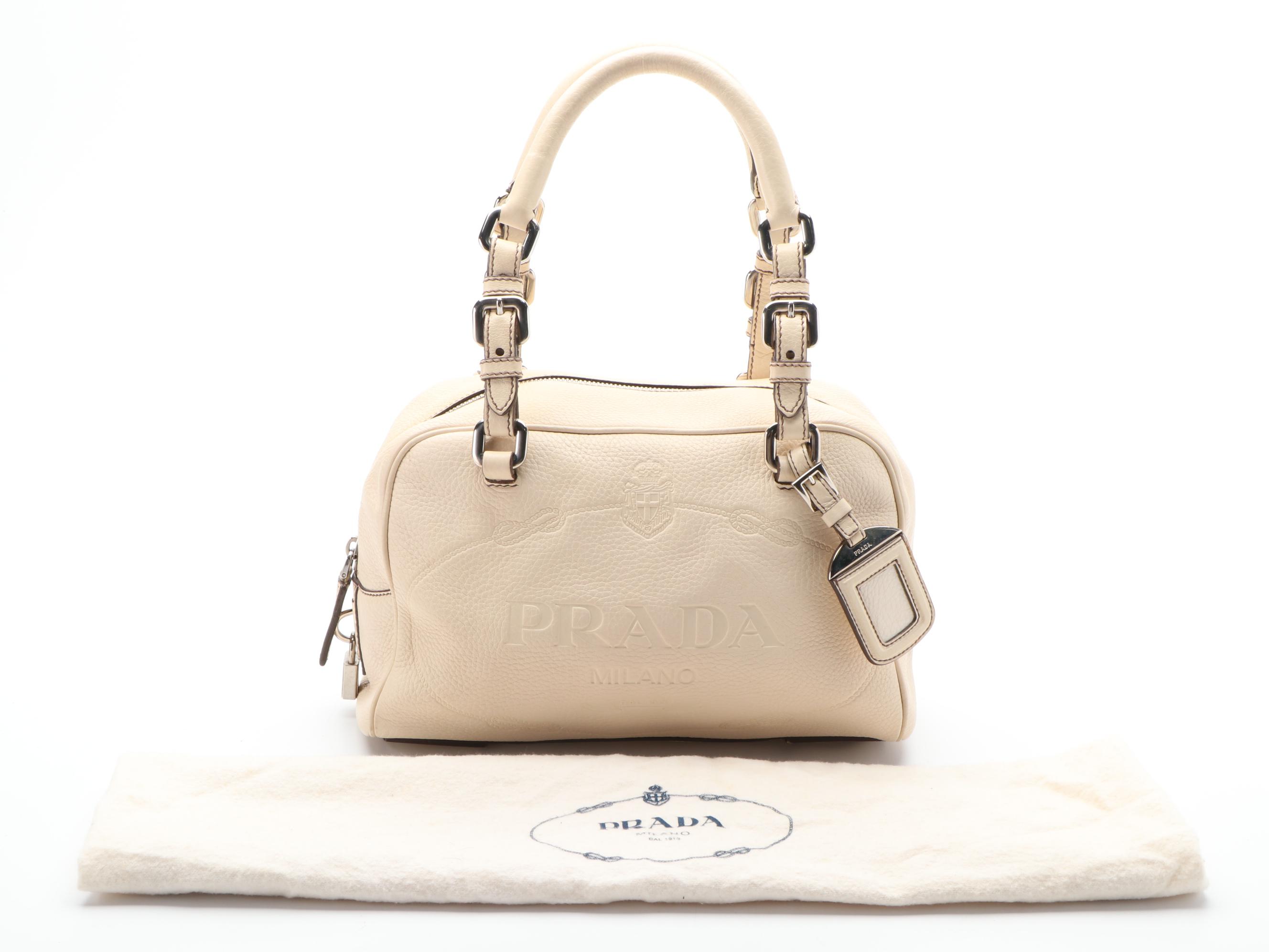 Prada Logo Embossed Vitello Daino Leather Shoulder Bag