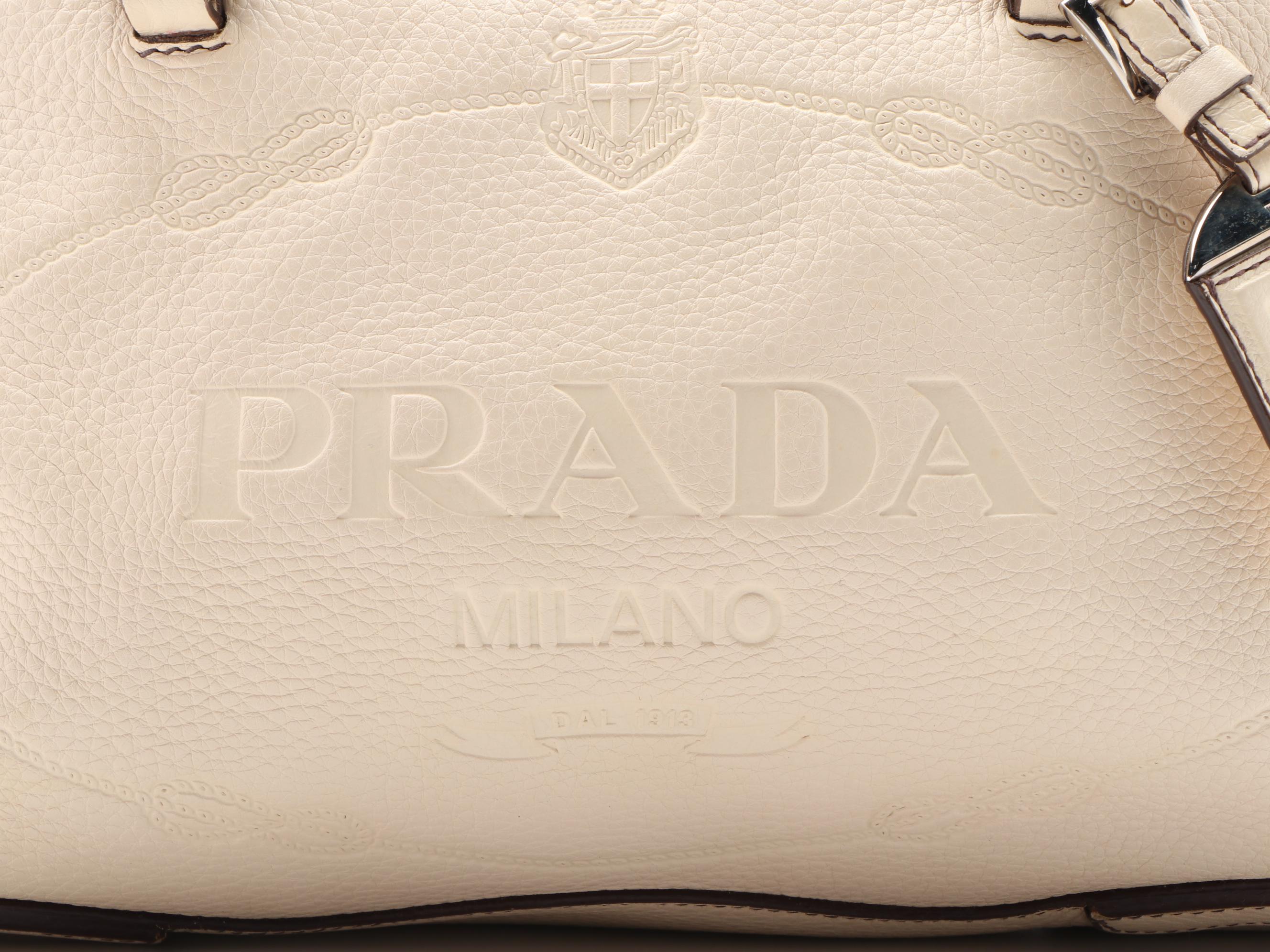 Prada Logo Embossed Vitello Daino Leather Shoulder Bag