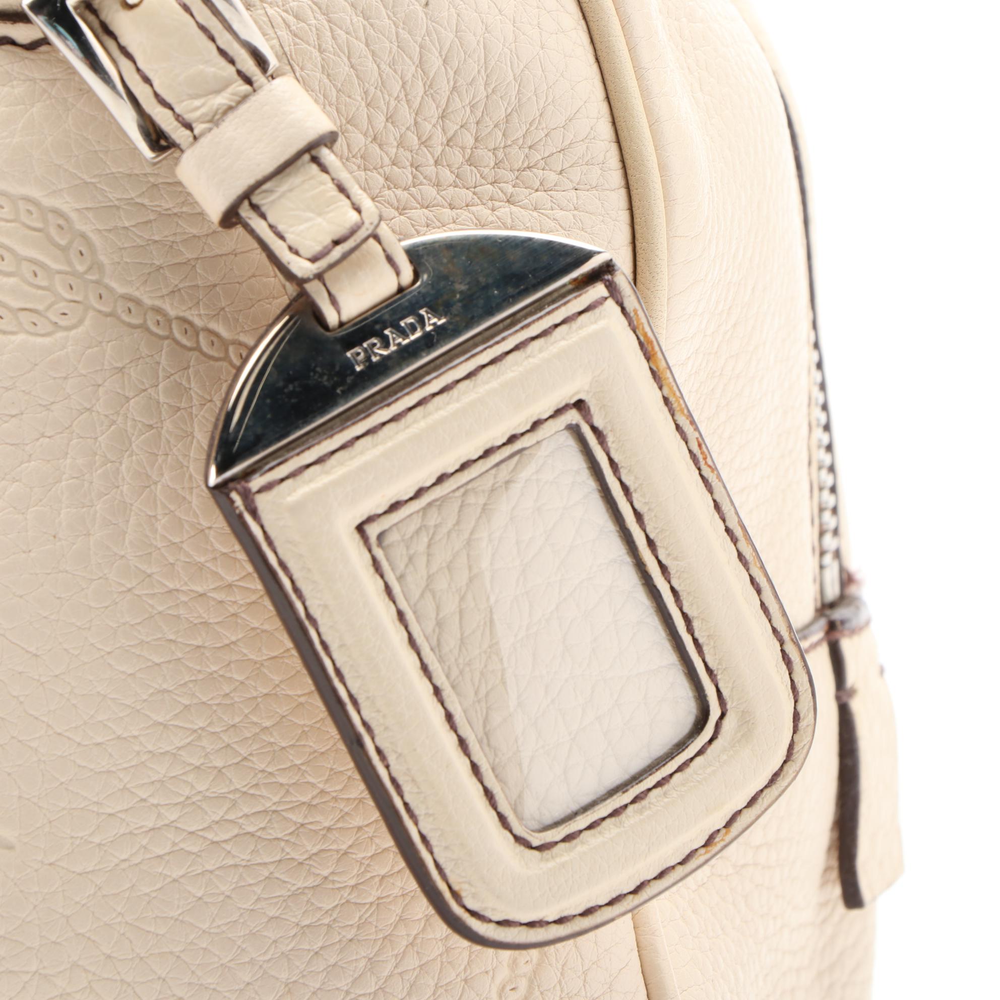 Prada Logo Embossed Vitello Daino Leather Shoulder Bag