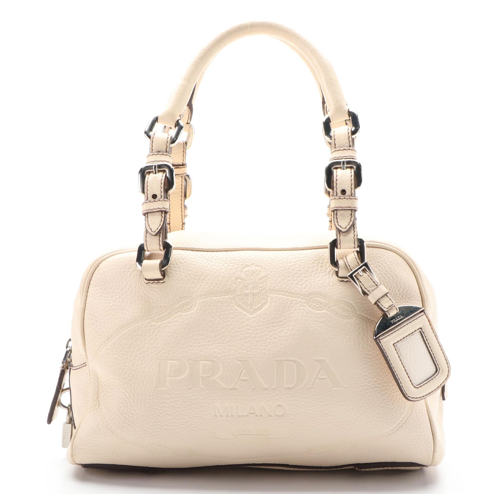 Prada Logo Embossed Vitello Daino Leather Shoulder Bag