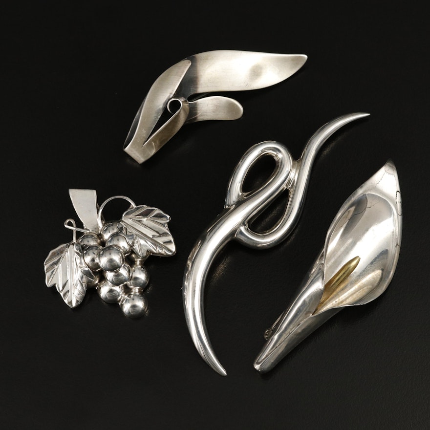 Vintage Sterling Brooches Including Mexican Signed, Calla Lily and Grape Cluster