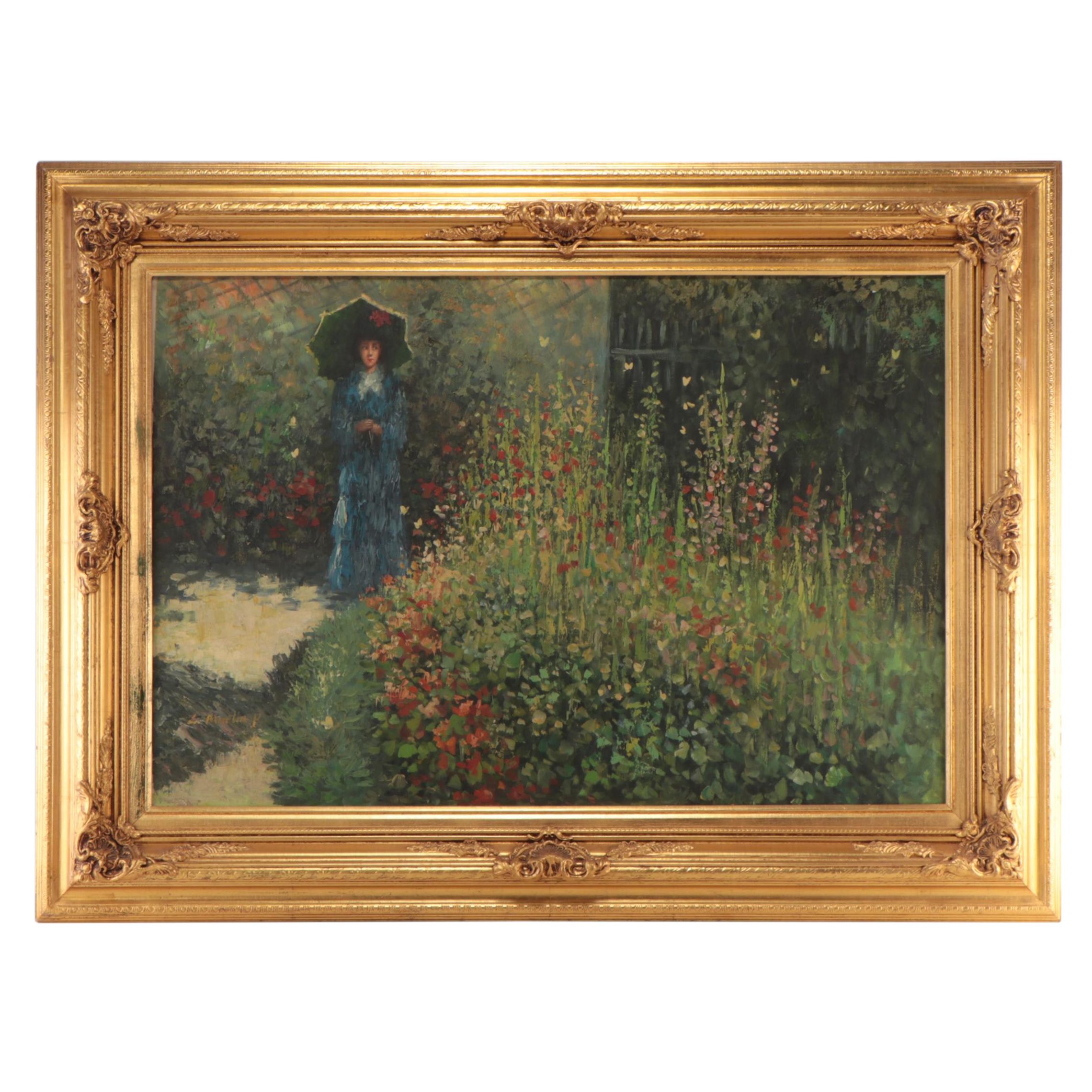 L. Martin P. Oil Painting of Lady in Greenhouse, Mid to Late 20th Century