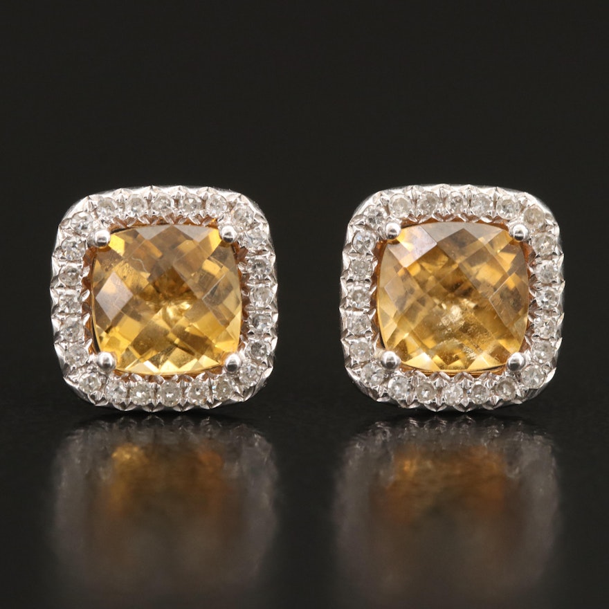 14K Citrine and Diamond Halo Stud Earrings