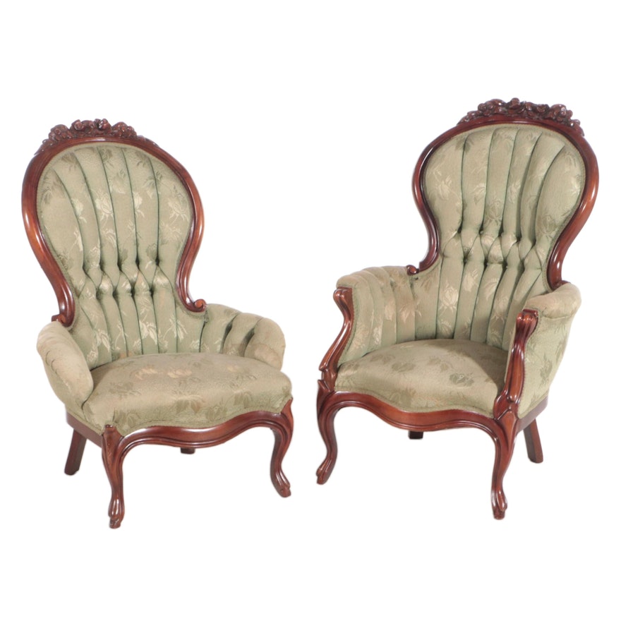 Two Rococo Revival Style Carved Mahogany and Buttoned-Down Parlor Chairs