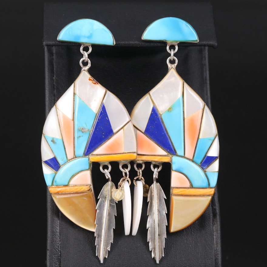 Southwestern Sterling Earrings Including Coral, Turquoise and Mother-of-Pearl