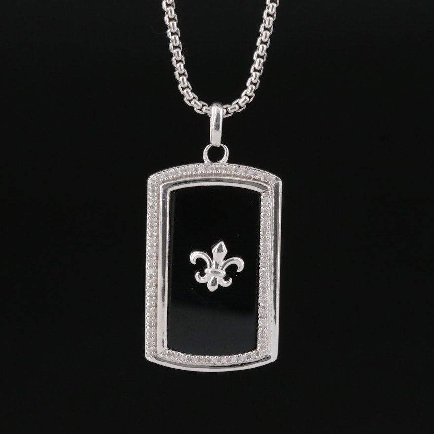 Sterling Black Onyx and Diamond Fleur-de-Lis Pendant Necklace