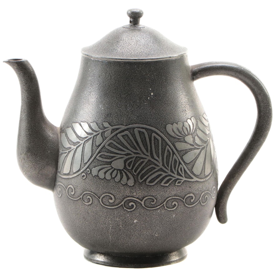 Chinese Engraved Pewter Teapot with Foliate Motif
