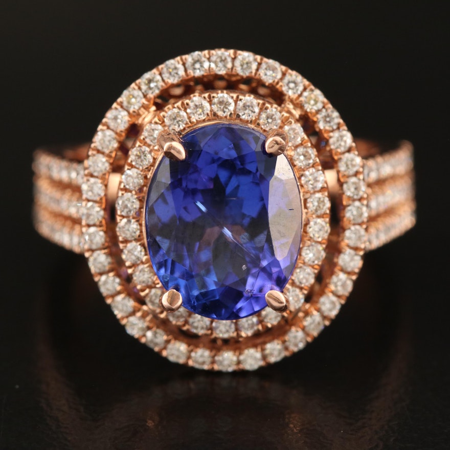 14K Rose Gold 3.65 CT Tanzanite and Diamond Ring