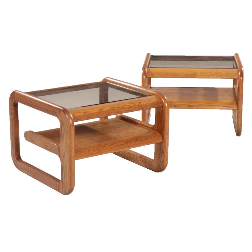 Pair of Mid Century Modern Lou Hodges Oak and Smoked Glass Side Tables