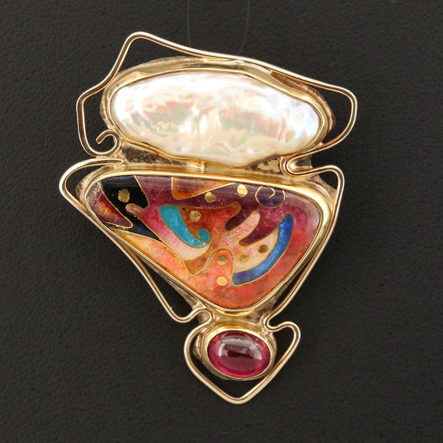 Sterling Pearl, Enamel and Garnet Converter Brooch