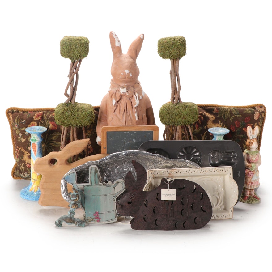 Chalkware and Pottery Bunny Décor with Faux Topiary, Throw Pillows, More