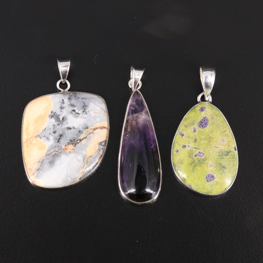 Sterling Amethyst, Jasper and Stichtite in Serpentine Pendants