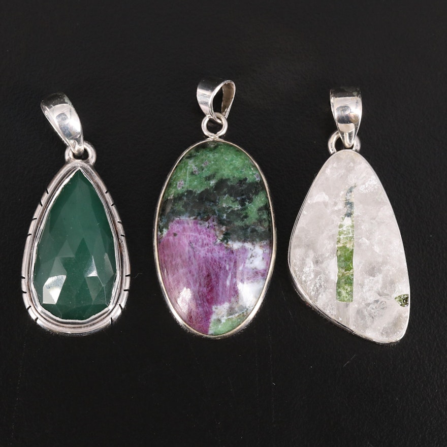 Sterling Sagenitic Quartz, Ruby-in-Zoisite and Aventurine Pendants