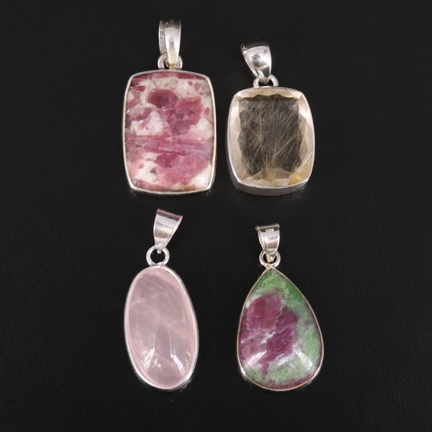 Sterling Gemstone Pendants Including Rutilated Quartz and Ruby-in-Zoisite