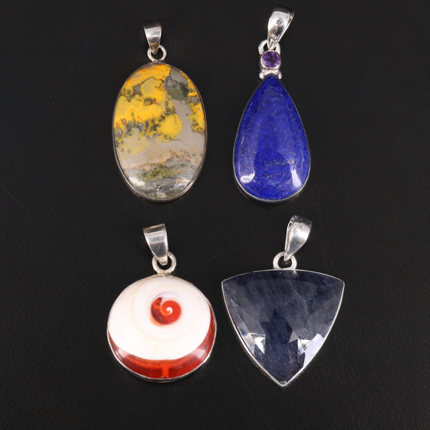 Sterling Pendants Including Lapis Lazuli, Jasper and Shell