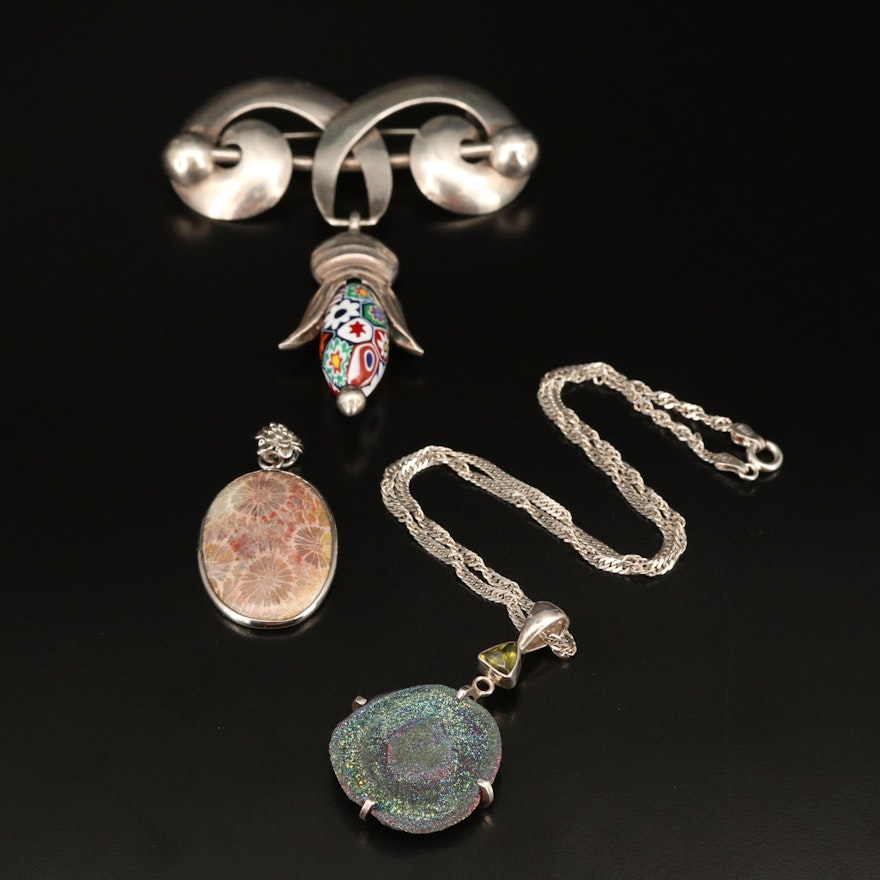 Sterling Necklace, Pendant and Brooch Including Fossilized Coral and Druzy