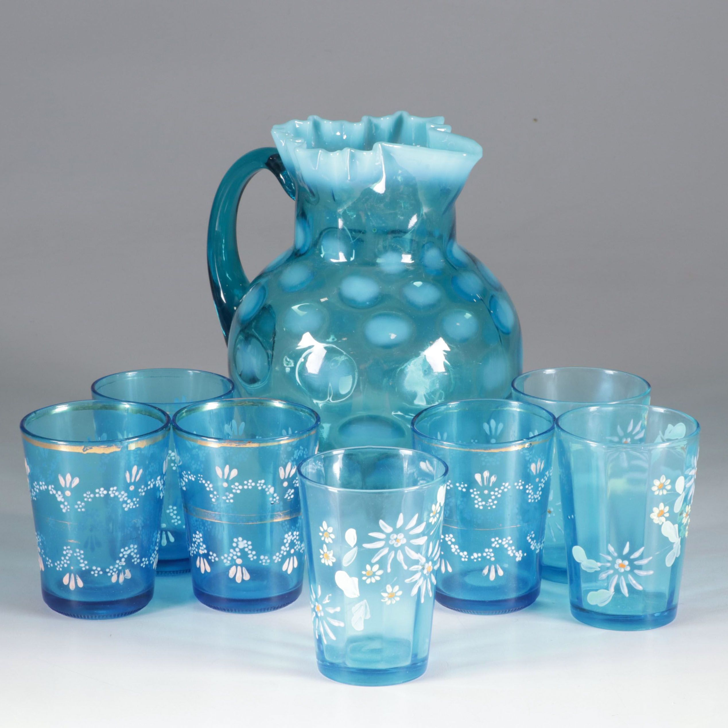 Fenton Blue Opalescent Coin Dot Glass Pitcher and Hand-Painted Cups