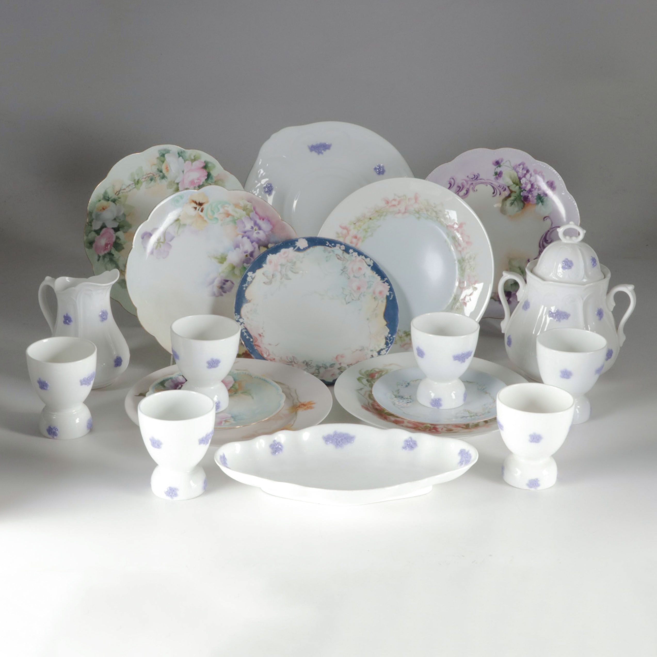 Adderley "Chelsea" Egg Cups and Tableware with Assorted Haviland Limoges Plates