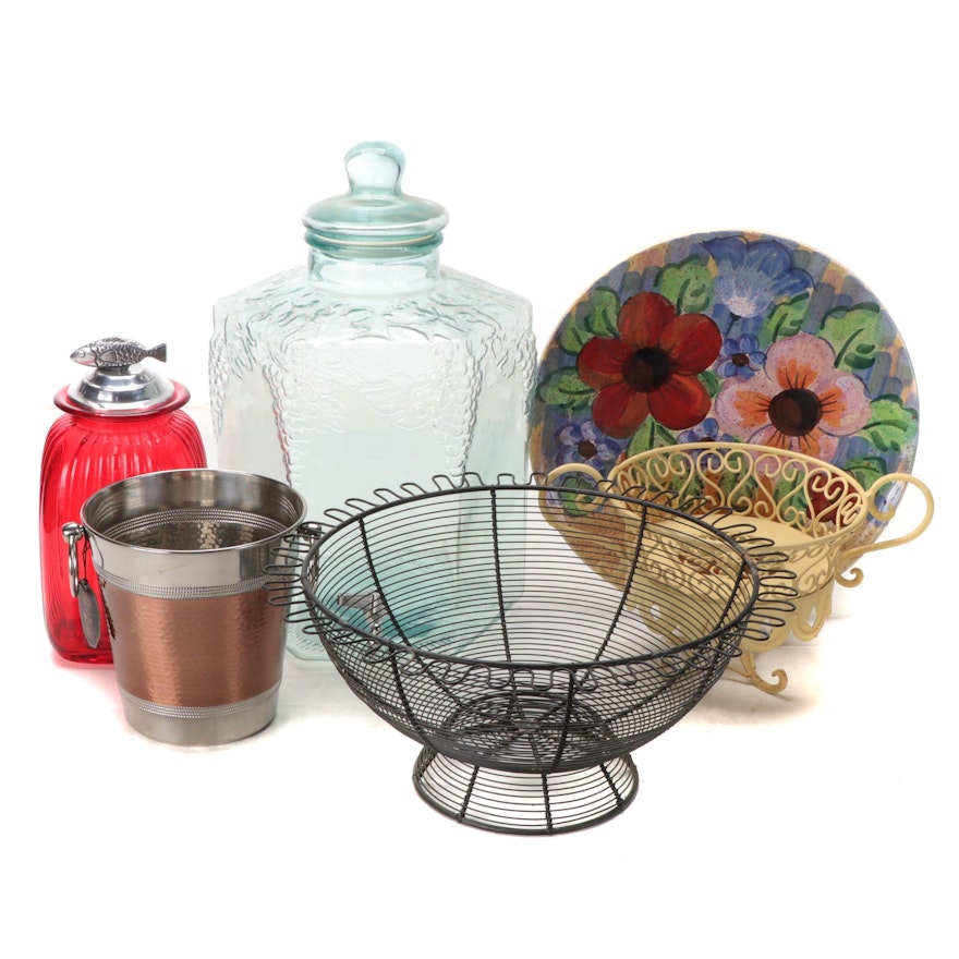 Mexican Aluarte Glass Canister, Italian Ceramic  Floral Motif Dish and More