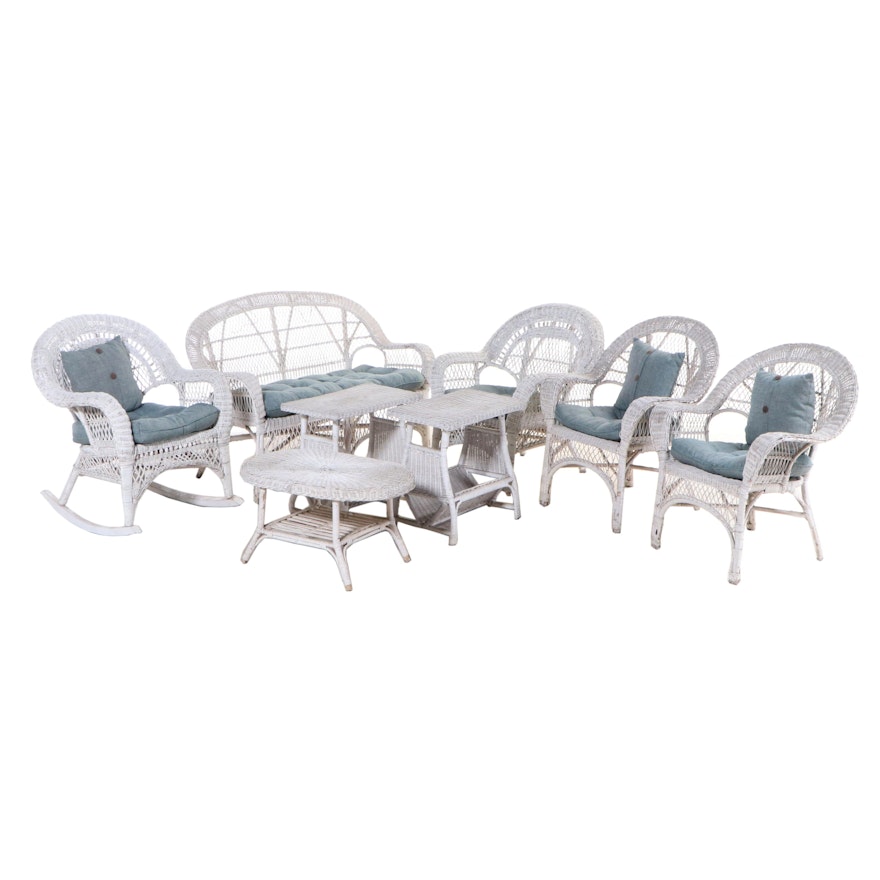 Eight-Piece Painted Wicker Settee, Chairs and Tables with Cushions