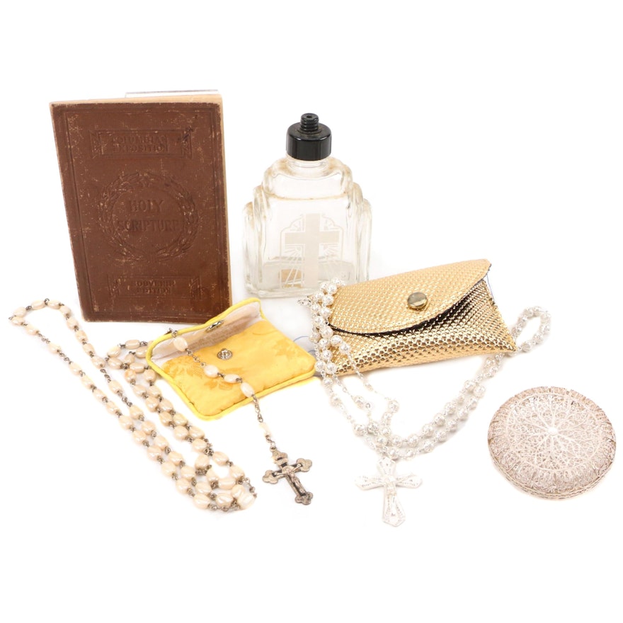 American Bible Society "Gospel of John" with Rosaries and Holy Water Bottle