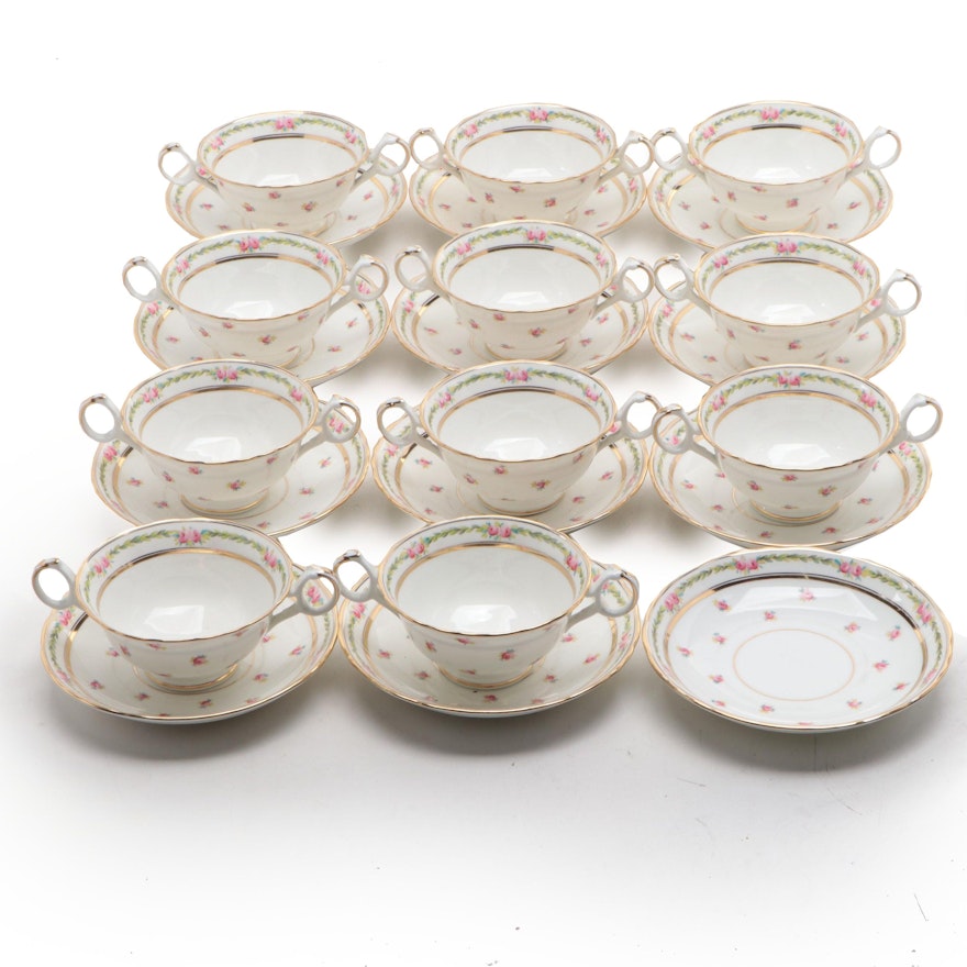 Royal Cauldon Hand-Painted Porcelain Boullion Cups and Saucers, Early 20th C.