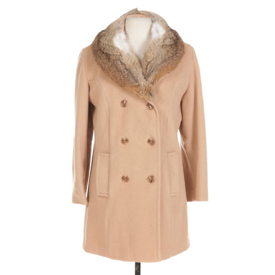 Noble Fashions Double-Breasted Wool Coat with Rabbit Fur Collar