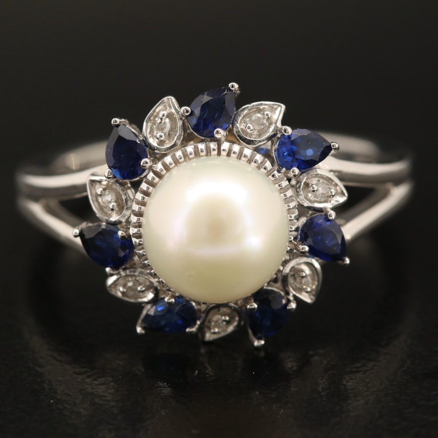 Sterling Pearl, Diamond and Sapphire Pinwheel Ring