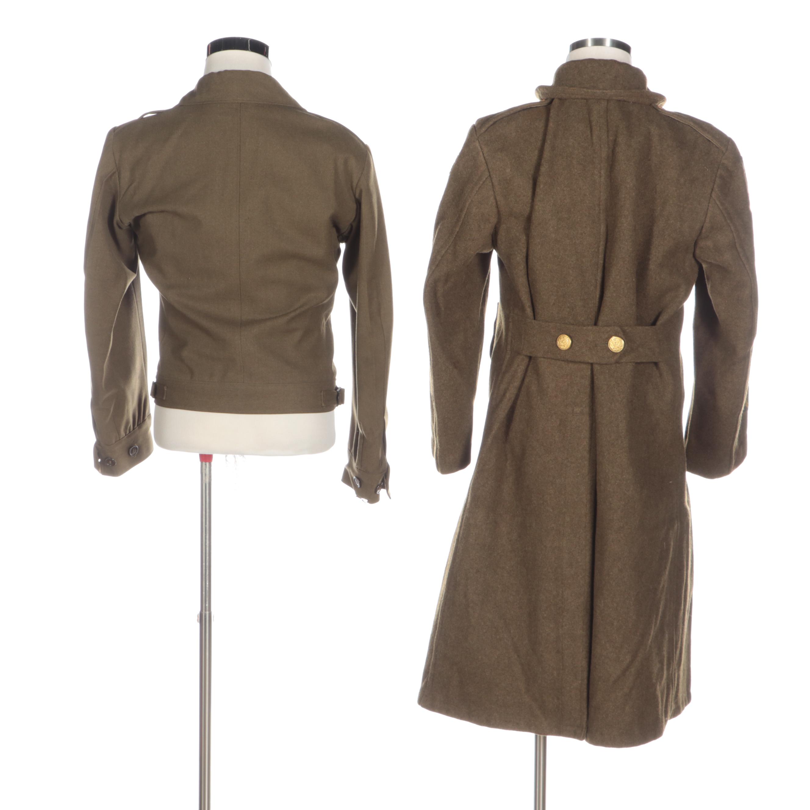 WWII Era U.S. Army Wool Eisenhower Jacket, Trench Coat, Garrison Cap, and Boots