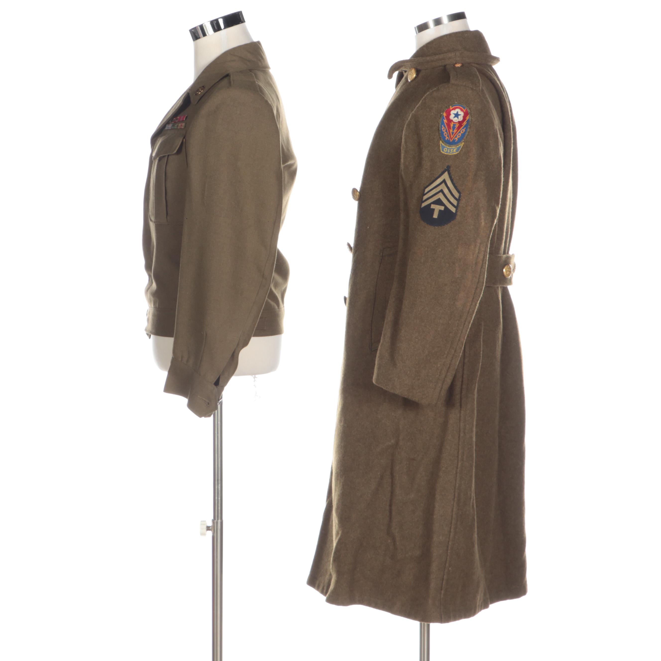 WWII Era U.S. Army Wool Eisenhower Jacket, Trench Coat, Garrison Cap, and Boots