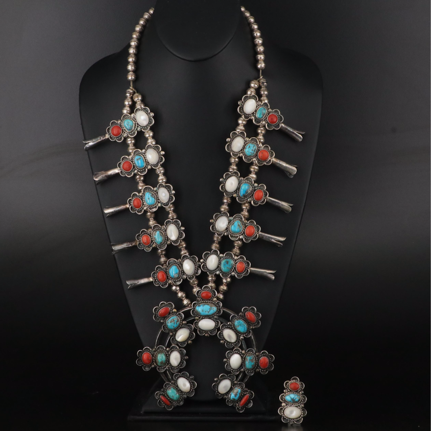 R.T. Fragua Sterling Coral and Turquoise Squash Blossom Necklace and Ring