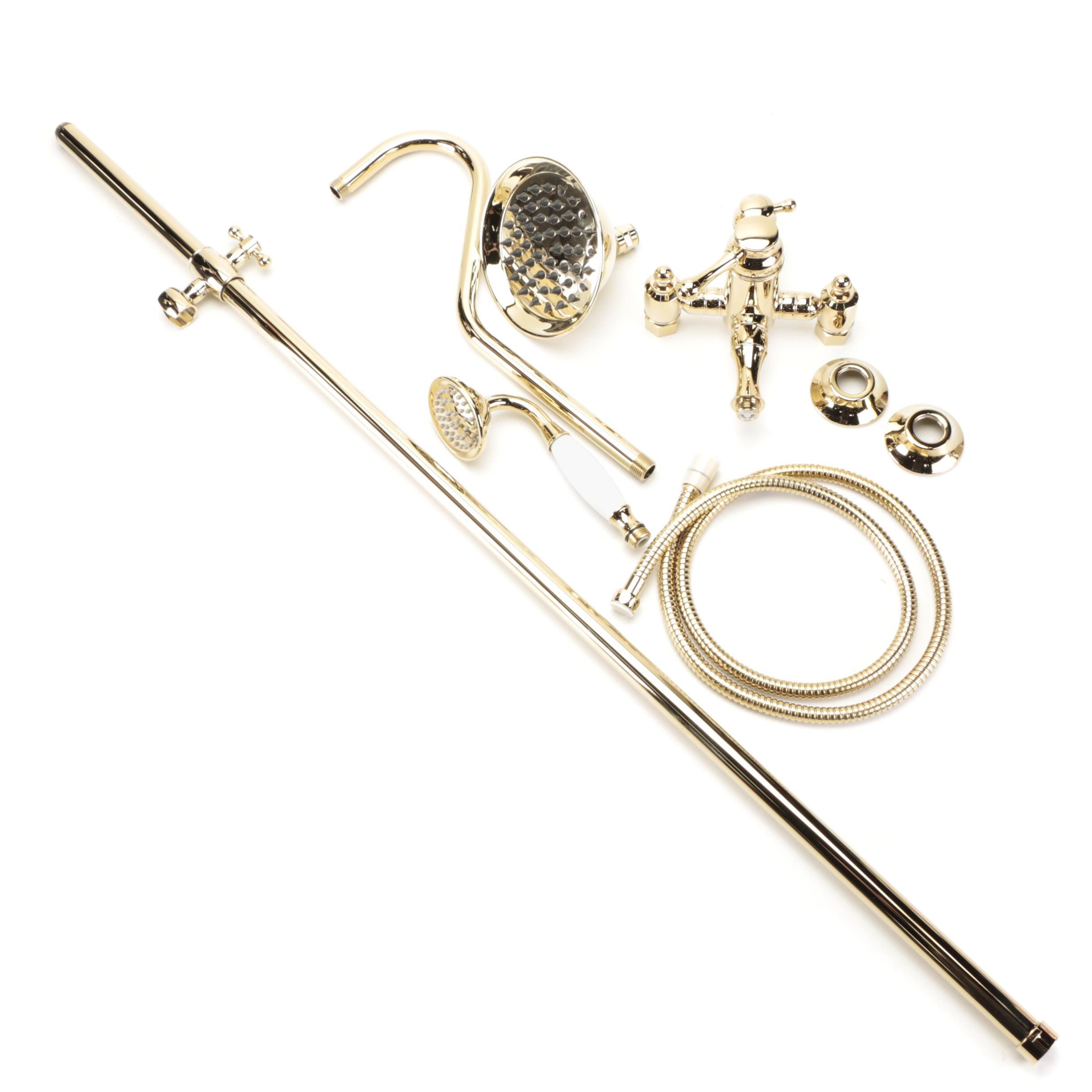 Polished Brass Exposed Pipe Shower with Hand Shower