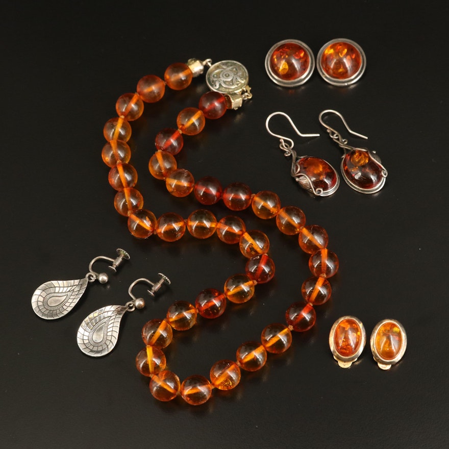 Amber Necklace and Earrings Including Sterling and 800 Silver